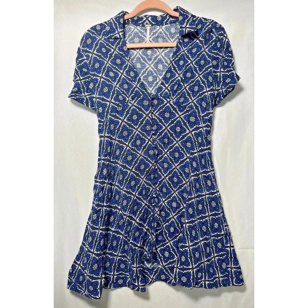 Free People Geometric Button Down Mini Dress Women Sz 4 Peasant Cottagecore Boho
